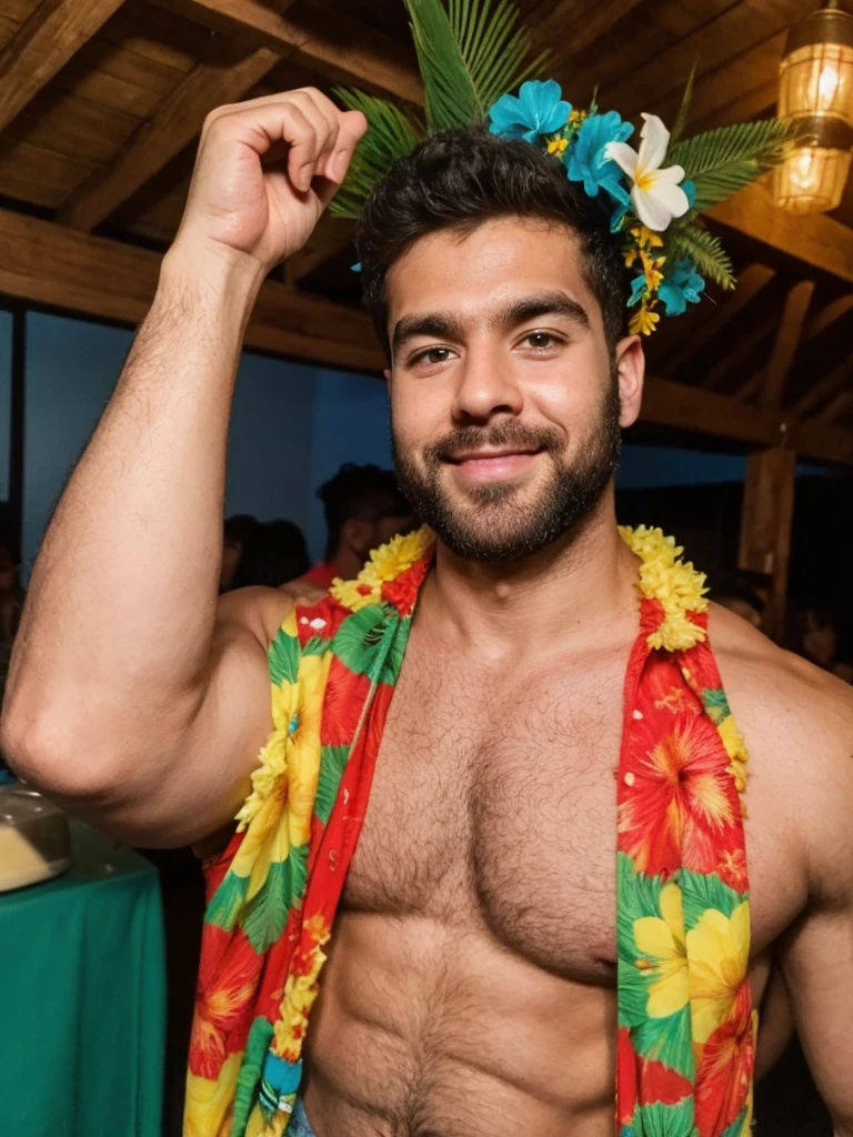 arafed man 25 years old hunk semi hairy at hawaiian party