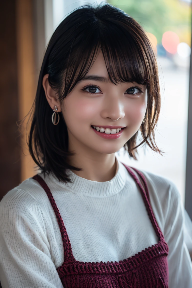 (8K, RAW Photos,Highest quality, High resolution:1.1), (Ultra-realistic:1.4),(Realistic:1.4), Realistic Face,Realistic Body,Realistic Skin,masterpiece,(cute:1.8), cute子たち, Detailed black eyes,Innocent eyes,Cinema Lighting,Film Grain,jewelry,Earrings,((Medium Hair:1.1)),Cherry-colored lips,Hair Ribbon,ponytail,Look Viewer,Long Hair,,Open your lips,Upper teeth, (Smiling Eyes:0.6),((Grin:1.3)),Blurred Background, Eye focus , Bokeh,young, 85mm lens,young,Portraiture,Photon Mapping,Radio City,Physically Based Rendering,Asian,(Knitted dress:1.3))