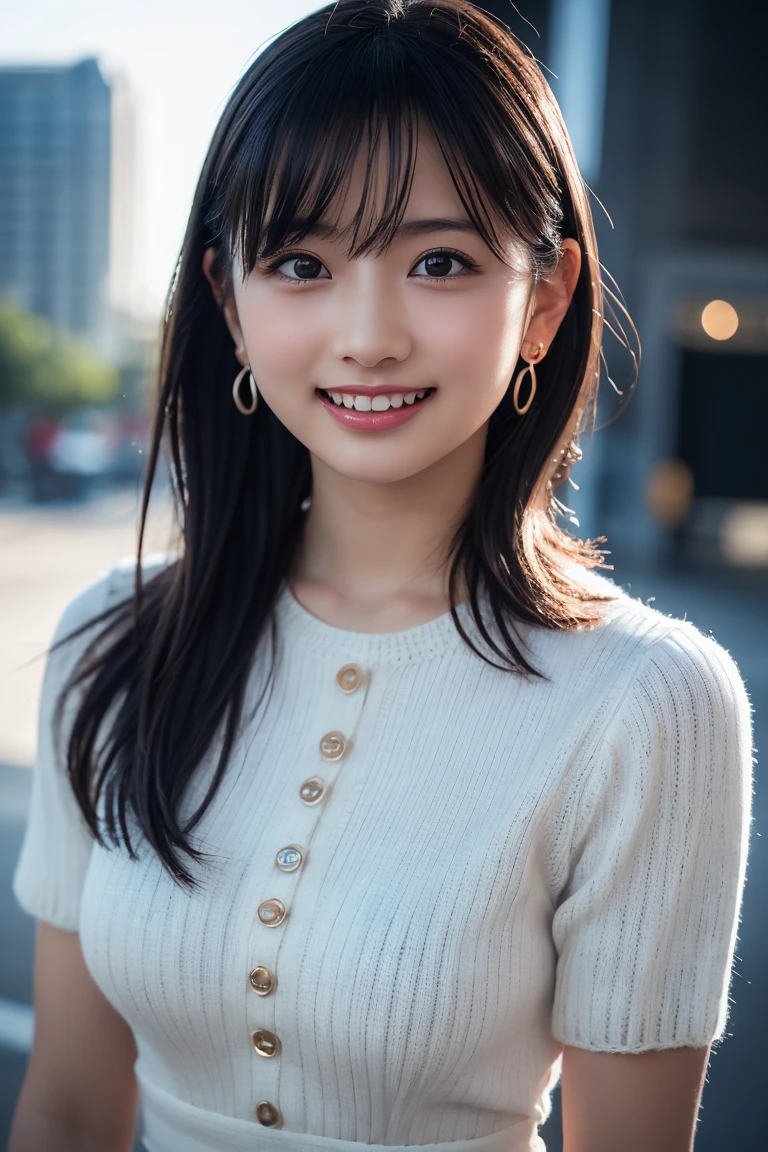 (8K, RAW Photos,Highest quality, High resolution:1.1), (Ultra-realistic:1.4),(Realistic:1.4), Realistic Face,Realistic Body,Realistic Skin,masterpiece,(cute:1.8), cute子たち, Detailed black eyes,Innocent eyes,Cinema Lighting,Film Grain,jewelry,Earrings,((Medium Hair:1.1)),Cherry-colored lips,Hair Ribbon,ponytail,Look Viewer,Long Hair,,Open your lips,Upper teeth, (Smiling Eyes:0.6),((Grin:1.3)),Blurred Background, Eye focus , Bokeh,young, 85mm lens,young,Portraiture,Photon Mapping,Radio City,Physically Based Rendering,Asian,(Knitted dress:1.3))