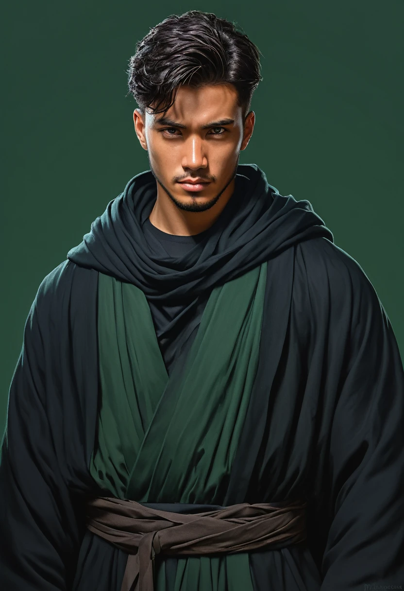 a portrait of a 19 year old brooding handsome human man with brown eyes, short black hair, angular features, wearing black robes accented with dark green, character portrait by senior character artist, Artstation, fantasy art, stunning character art, fantasy concept art portrait, epic exquisite character art, character portrait art, fantasy character portrait, fantasy male portrait, character concept art portrait, character art portrait, handsome man, (muted natural colors: 1.3), 1 critical role, human ears, very muscular, wearing black robes accented with dark green, evil male sorcerer, monochromatic background