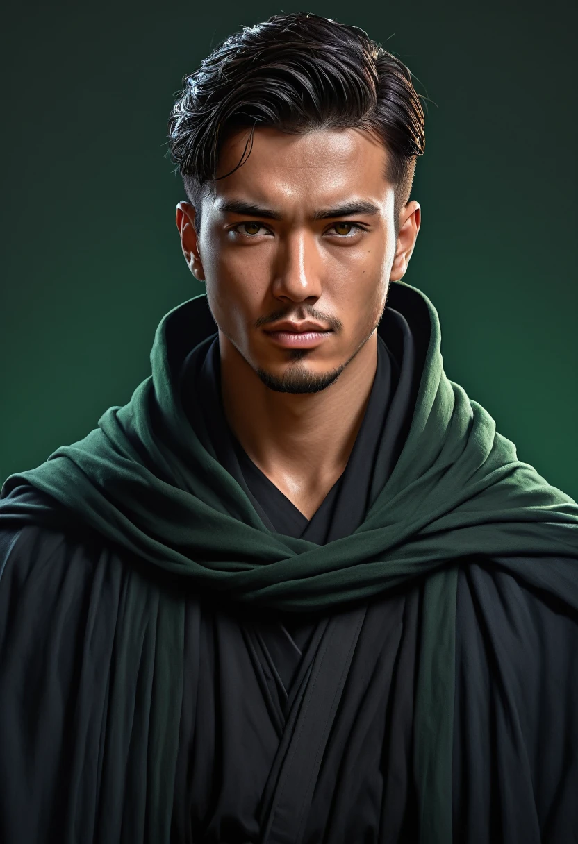 a portrait of a 19 year old brooding handsome human man with brown eyes, short black hair, angular features, wearing black robes accented with dark green, character portrait by senior character artist, Artstation, fantasy art, stunning character art, fantasy concept art portrait, epic exquisite character art, character portrait art, fantasy character portrait, fantasy male portrait, character concept art portrait, character art portrait, handsome man, (muted natural colors: 1.3), 1 critical role, human ears, very muscular, wearing black robes accented with dark green, evil male sorcerer, monochromatic background
