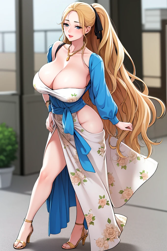 An extremely beautiful stunning busty woman, with gold blonde long silky hair, big blue eyes, extremely super bright snow white fair stunning flawless glowing lush shiny flawless white skin, a perfect tight hourglass figure, and a skinny waist, sexy thick smooth luscious legs and thighs, extremely cute smile on the face, bright pink blushes on cheeks, wearing a long soft full-sleeve body covering white floral garment with a blue sash, light brown off-shoulder sweater, yellow heels, gold necklace on the neck, gold anklets on feet, gold chain on the waist, standing straight, holding a pink hanging purse, street in the background, show full body from head to feet.