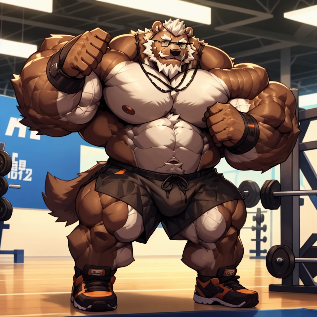 solo, 1boy, Huge Muscular Old Grizzly Bear wearing glasses, correct anatomy, steroid, pectoral, huge pectoral, wide pectoral, short white hair, black gym short pants, black wristbands, bearded, Mustache, gym background, masterpiece, high detailed, 8k, high resolution, at the gym, tears his shirt off