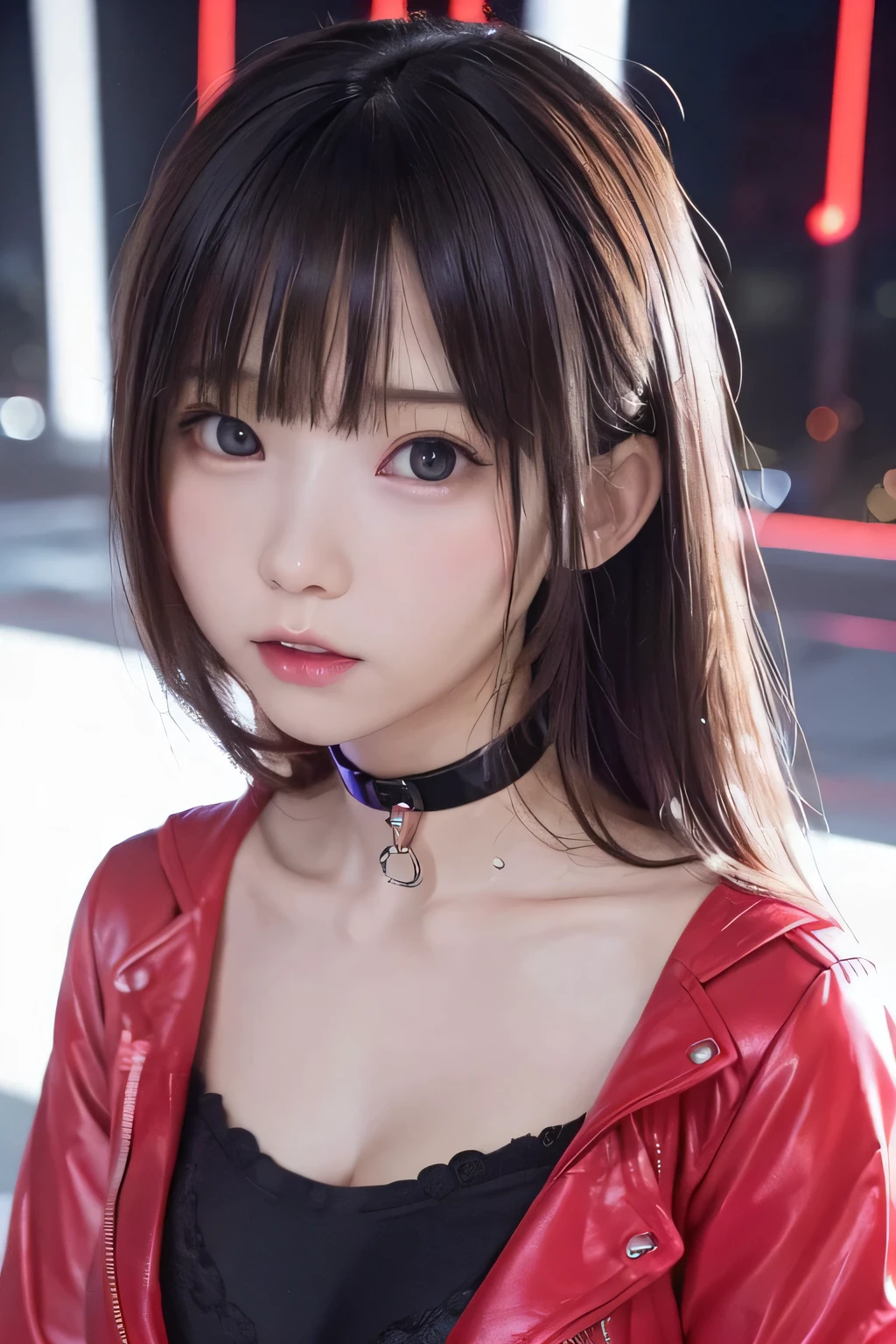 (8K、Highest quality、masterpiece、 Ultra-high resolution)、(Headshot closeup:1.4)、１girl、cute、Idol face、、(slim、Flat Body:1.34)、(10 years  a full red jacket、Front Close、cyber punk、sci-fi background、(Hair blowing in the wind:1.3)、(night:1.4)、(looking down:1.3)、(Neon tube choker:1.23)