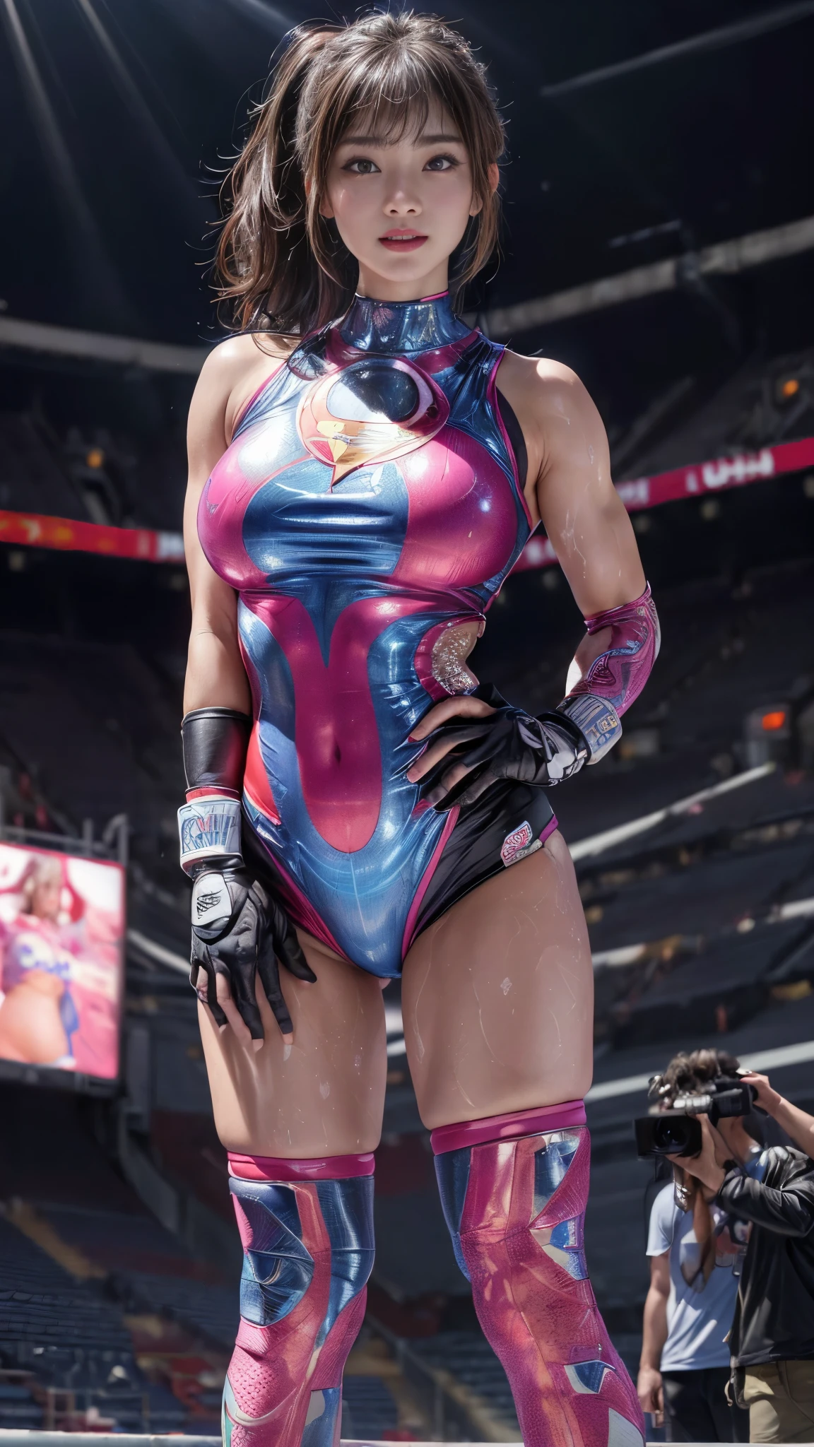 (((masked wrestler)))、Female professional wrestler、Fighting Pose、tall、smile、((On the Ring))、((Spotlight))、(((large stadium)))、((Super big breasts))、((Ultra tight uniform))、Wristband、(((A flashy costume with a bizarre pattern)))、((Elbow Support))、((Knee support))、I can see your abuscular、Hairstyle with bangs、((Sweat))、((Match venue))、Very beautiful woman、((Female Athletes))、(Detailed face)、Realistic Skin、((Delicate photo)),(Girl Masterpiece RAW Photo Details:1.25), (Highest quality:1.6), (Ultra-high resolution:1.5), (Realistic:1.75), 8K resolution,50mm, Absurd, Ultra-detailed,Cinema Lighting、