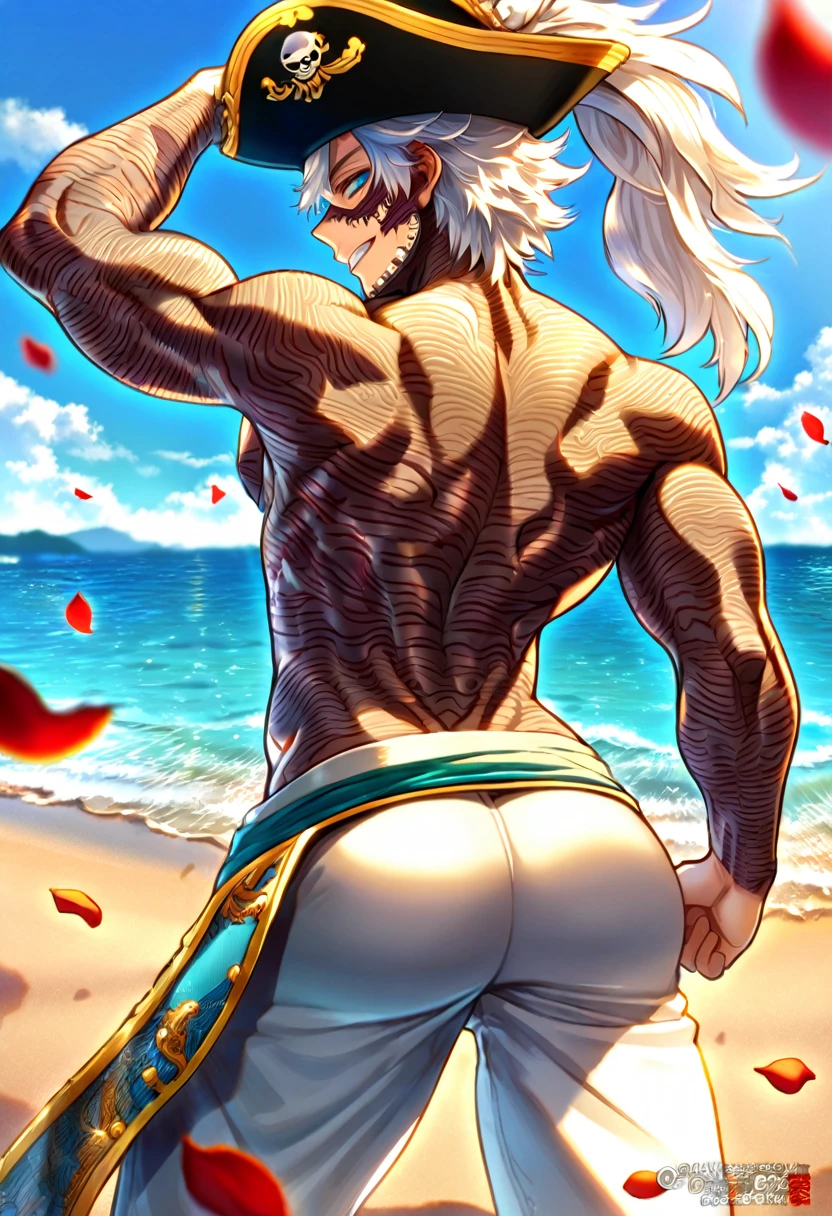 absurdres, highres, ultra detailed, HDR, master piece, best quality, detailed face, delicate features, Dabi, white hair, expressive turquoise eyes, Boku No Hero Academia, solo, sexy man, handsome, horny, toned chest, handsome smile, fantasy white pirate clothes, pirate hat, white pants, from behind, big butt, sexy pose, sea, beach, petals