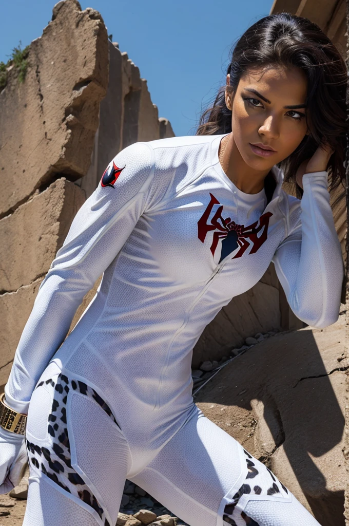 (Ultra high quality) leopard in spider man white colour suit, in an epic battle area with serious look