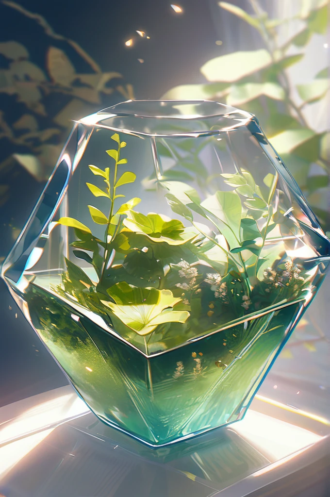 ((Лучшее качество)), ((шедевр)), (подробный), glass cube with fauna and wild green plants