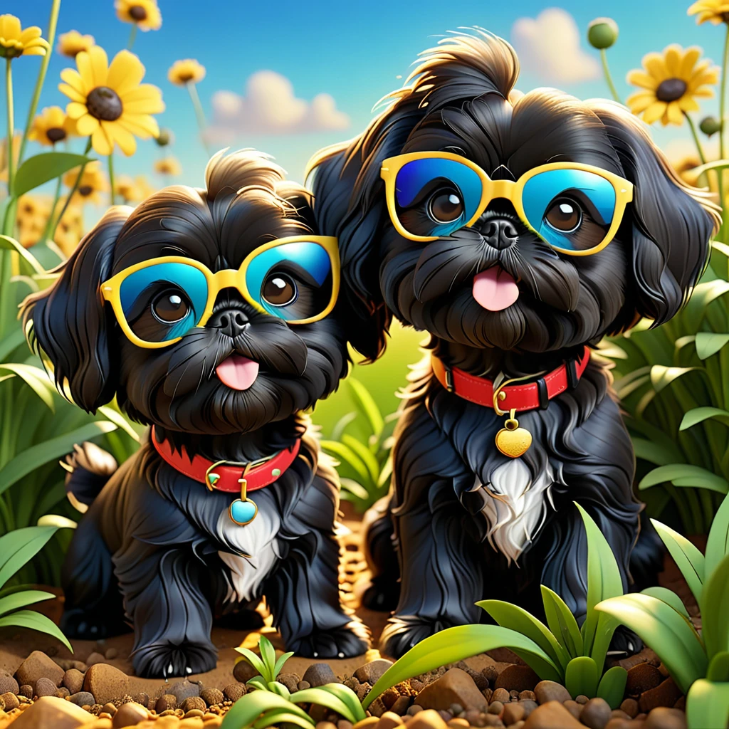2 Adorable small black Shih Tzu puppies wearing bright sunglasses digging up weedsDisney background 3d cartoon 3d render disney pixar style