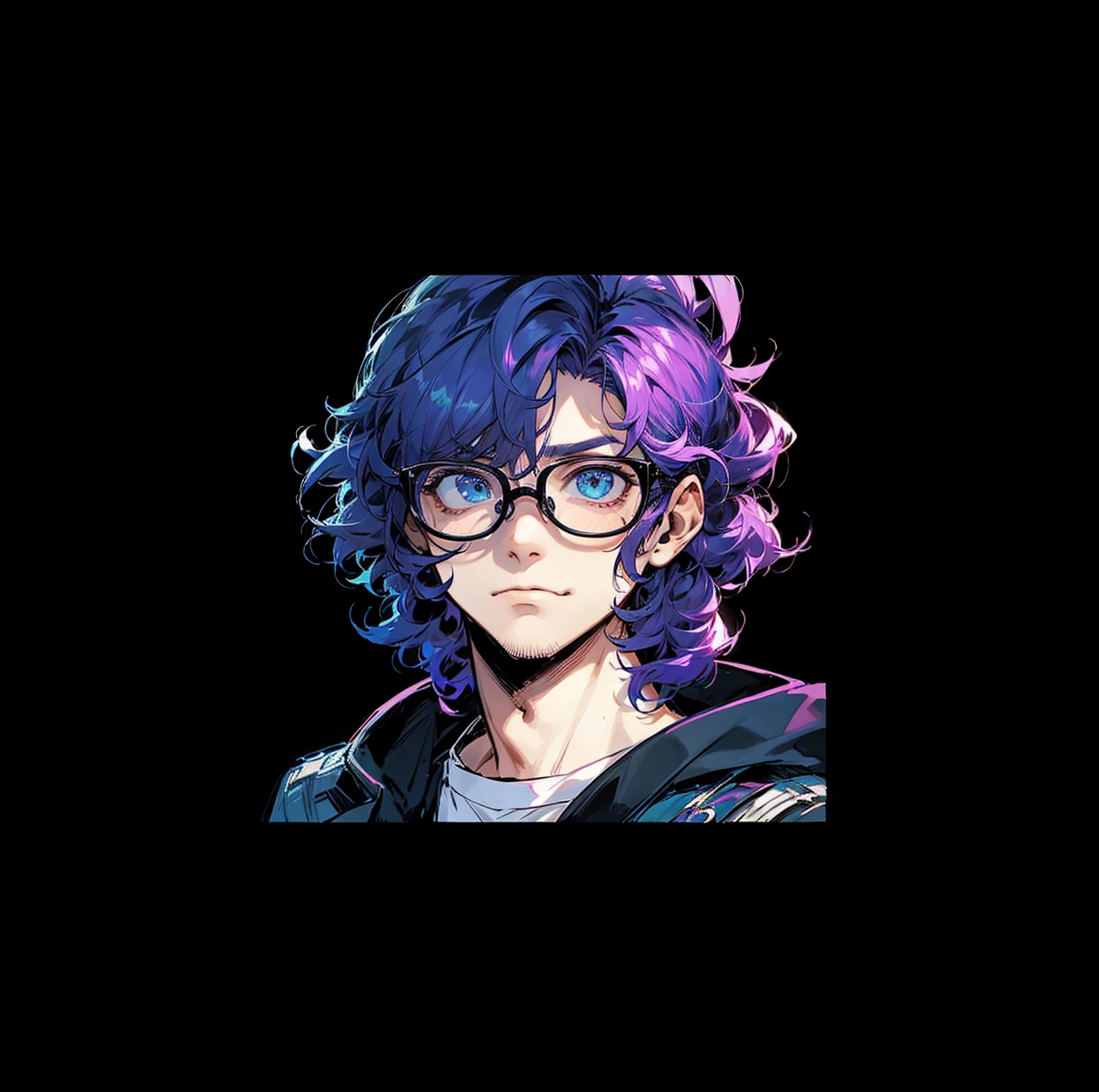 Make diferent facial expressions for the same character, male, glasses, purple curly hair, Surprise expression, disgusted expression, funny expression, angry expression
