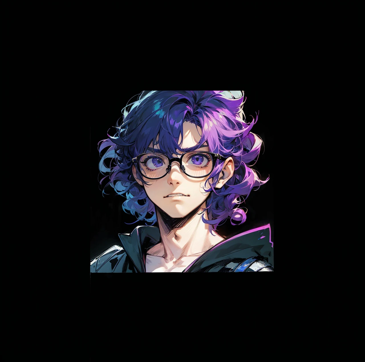 Make diferent facial expressions for the same character, male, glasses, purple curly hair, Surprise expression, disgusted expression, funny expression, angry expression
