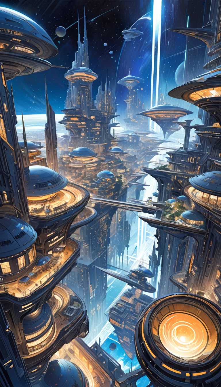 futuristic space city, in space: 1.5, large flying city, with many floating floors in space, housing and all kinds of details on the ship (art inspired by Bill Sienkiewicz). oil painting)
