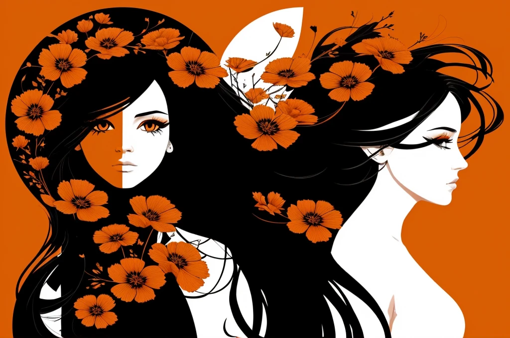 an art for a flag , the art is all orange ,with a highly detailed gradient with black flower petals scattered throughout the art ,the petals are black and only the outline is drawn , In the center of the flag there is a white woman with long black hair