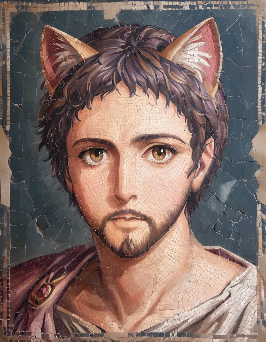 detailed illustration, dynamic angle, ultra-detailed, illustration, clean line art, shading, anime, detailed eyes, detailed face, beautiful face, dramatic lighting, detailed illustration, dynamic angle, ultra-detailed, illustration, masterpiece, masterwork, beautiful, whole body shot

Neko, cat man, dressed in purple silk robes, gold leaf inlay mosaic, Byzantine mosaic, has a full beard, cat ears, cat tail, cat eyes, Byzantine monk, gold and purple motif, imperial, handsome, mature