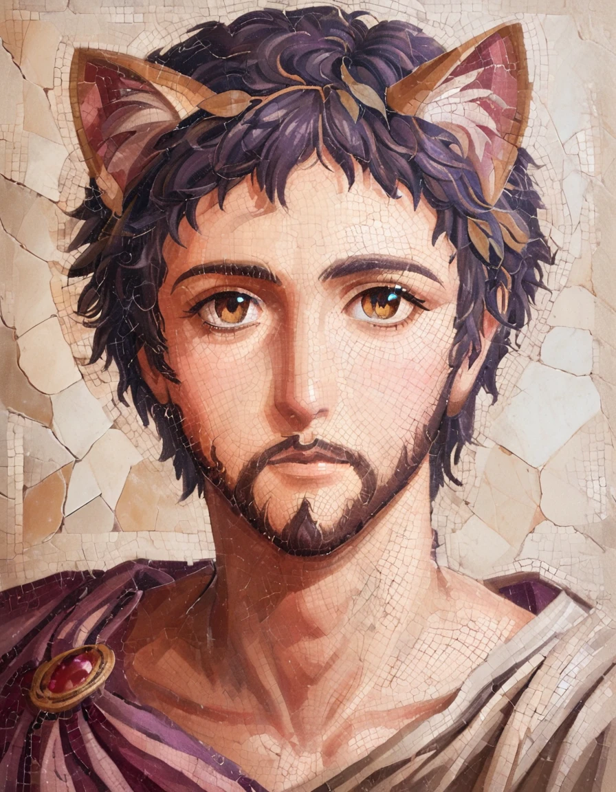 detailed illustration, dynamic angle, ultra-detailed, illustration, clean line art, shading, anime, detailed eyes, detailed face, beautiful face, dramatic lighting, detailed illustration, dynamic angle, ultra-detailed, illustration, masterpiece, masterwork, beautiful, whole body shot

Neko, cat man, dressed in purple silk robes, gold leaf inlay mosaic, Byzantine mosaic, has a full beard, cat ears, cat tail, cat eyes, Byzantine monk, gold and purple motif, imperial, handsome, mature