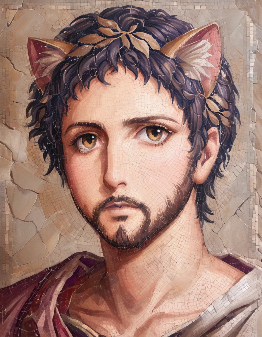 detailed illustration, dynamic angle, ultra-detailed, illustration, clean line art, shading, anime, detailed eyes, detailed face, beautiful face, dramatic lighting, detailed illustration, dynamic angle, ultra-detailed, illustration, masterpiece, masterwork, beautiful, whole body shot

Neko, cat man, dressed in purple silk robes, gold leaf inlay mosaic, Byzantine mosaic, has a full beard, cat ears, cat tail, cat eyes, Byzantine monk, gold and purple motif, imperial, handsome, mature