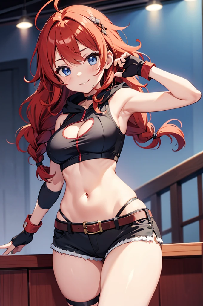 an anime girl with red curly hair poses in short shorts and an afro, 1girl, fingerless gloves, gloves, shorts, clothing cutout, navel, braid, solo, black shorts, breasts, smile, black gloves, short shorts, crop top, red hair, blue eyes, stomach, heart cutout, midriff, cleavage cutout, looking at viewer, ahoge, hood, cowboy shot, cleavage, hand up, highleg, hood down, underwear, open fly, sleeveless, long hair, panties, bare shoulders, hair ornament, skindentation, standing, hair intakes, shirt, medium breasts, highleg panties, belt