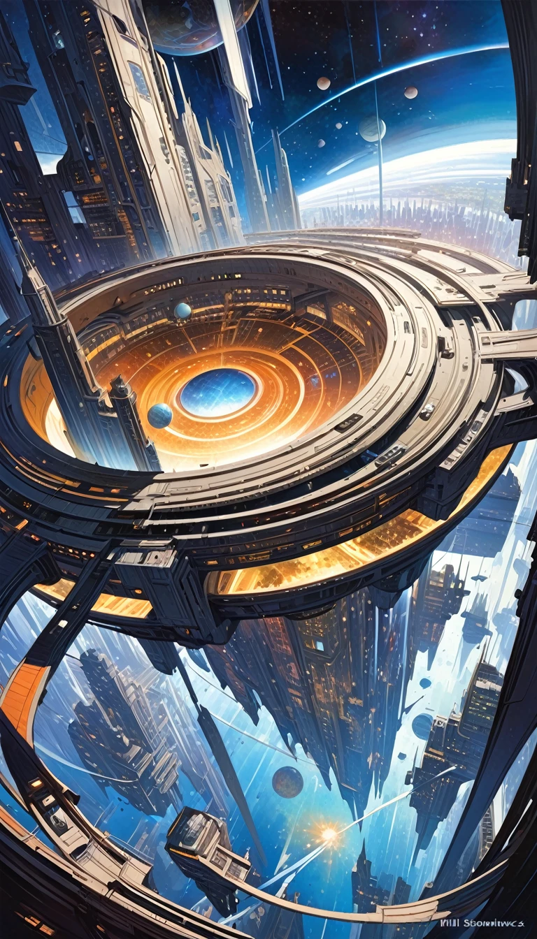 futuristic space city, in space: 1.5, large flying city, with many floating floors in space, housing and all kinds of details on the ship (art inspired by Bill Sienkiewicz). oil painting)