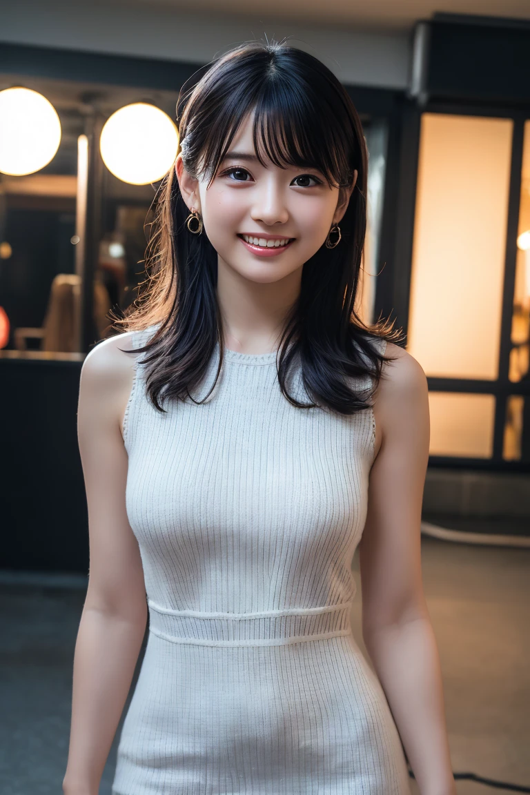 (8K, RAW Photos,Highest quality, High resolution:1.1), (Ultra-realistic:1.4),(Realistic:1.4), Realistic Face,Realistic Body,Realistic Skin,masterpiece,(cute:1.8), cute子たち, Detailed black eyes,Innocent eyes,Cinema Lighting,Film Grain,jewelry,Earrings,((Medium Hair:1.1)),Cherry-colored lips,Hair Ribbon,ponytail,Look Viewer,Long Hair,,Open your lips,Upper teeth, (Smiling Eyes:0.6),((Grin:1.3)),Blurred Background, Eye focus , Bokeh,young, 85mm lens,young,Portraiture,Photon Mapping,Radio City,Physically Based Rendering,Asian,(Knitted dress:1.3))
