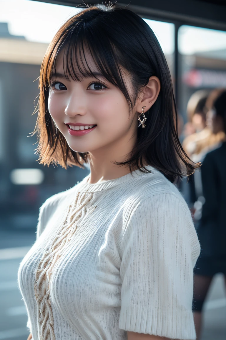 (8K, RAW Photos,Highest quality, High resolution:1.1), (Ultra-realistic:1.4),(Realistic:1.4), Realistic Face,Realistic Body,Realistic Skin,masterpiece,(cute:1.8), cute子たち, Detailed black eyes,Innocent eyes,Cinema Lighting,Film Grain,jewelry,Earrings,((Medium Hair:1.1)),Cherry-colored lips,Hair Ribbon,ponytail,Look Viewer,Long Hair,,Open your lips,Upper teeth, (Smiling Eyes:0.6),((Grin:1.3)),Blurred Background, Eye focus , Bokeh,young, 85mm lens,young,Portraiture,Photon Mapping,Radio City,Physically Based Rendering,Asian,(Knitted dress:1.3))