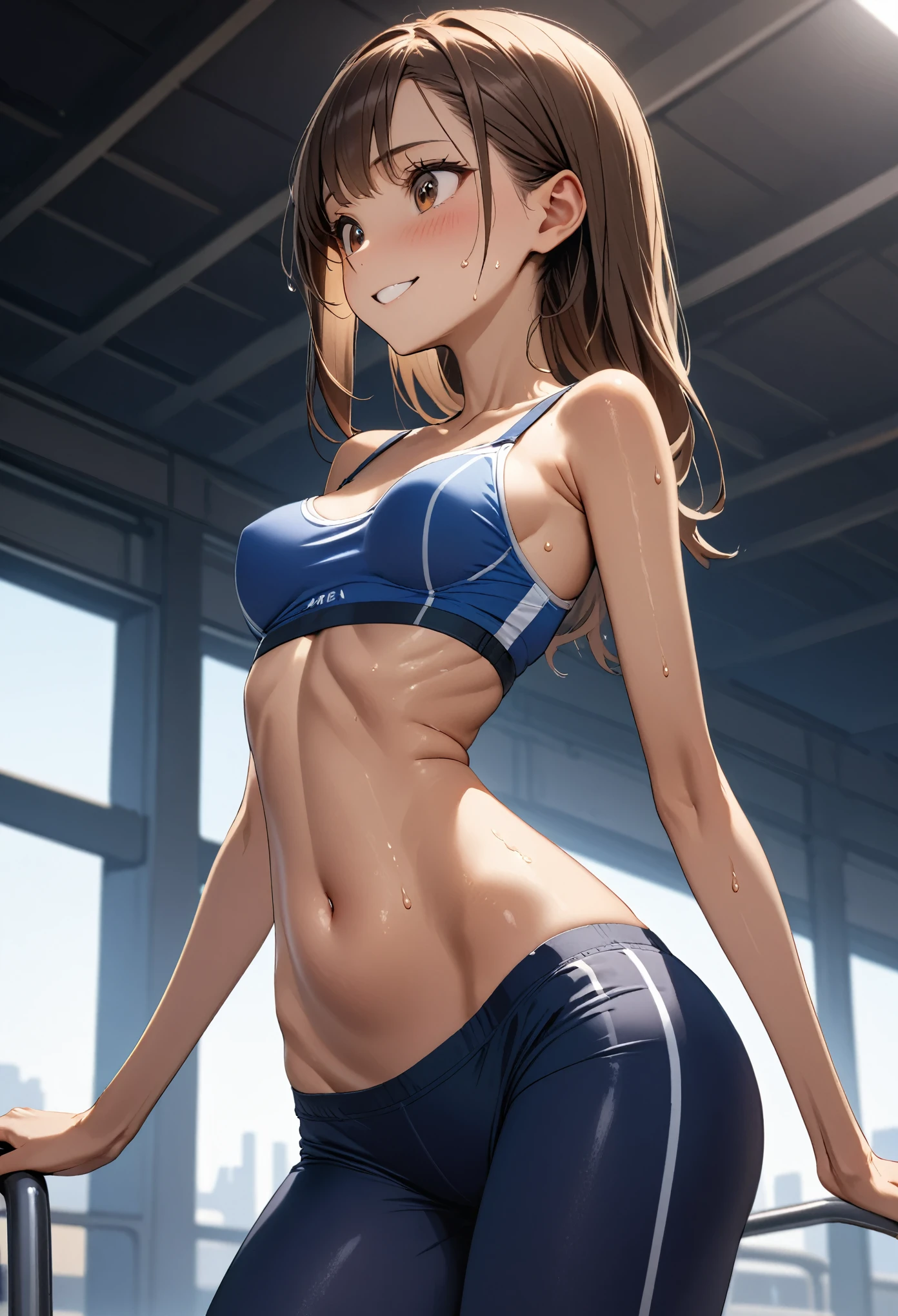 (masterpiece,Highest quality:1.3,best quality illustration),cowboy shot,1woman,20 year old Japanese beauty,((very small head:1.4)),Long brown hair,bangs,brown eyes,gorgeous eyes,blush,smile,small breasts,((very long body:1.4)),(toned body,slender body,skinny,tan skin),(Navy blue sports bra、navel、Dark blue sports shorts),gleaming skin,shiny skin,(sweat:1.3),standing,Arena、Tokyo、