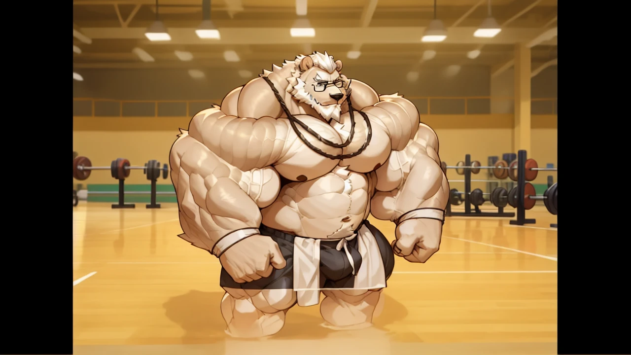solo, 1boy, Huge Muscular Old Grizzly Bear wearing glasses, correct , steroid, pectoral, huge pectoral, wide pectoral, short white hair, black gym short pants, black wristbands, bearded, Mustache, gym background, masterpiece, high detailed, 8k, high resolution, at the gym, flexes his body