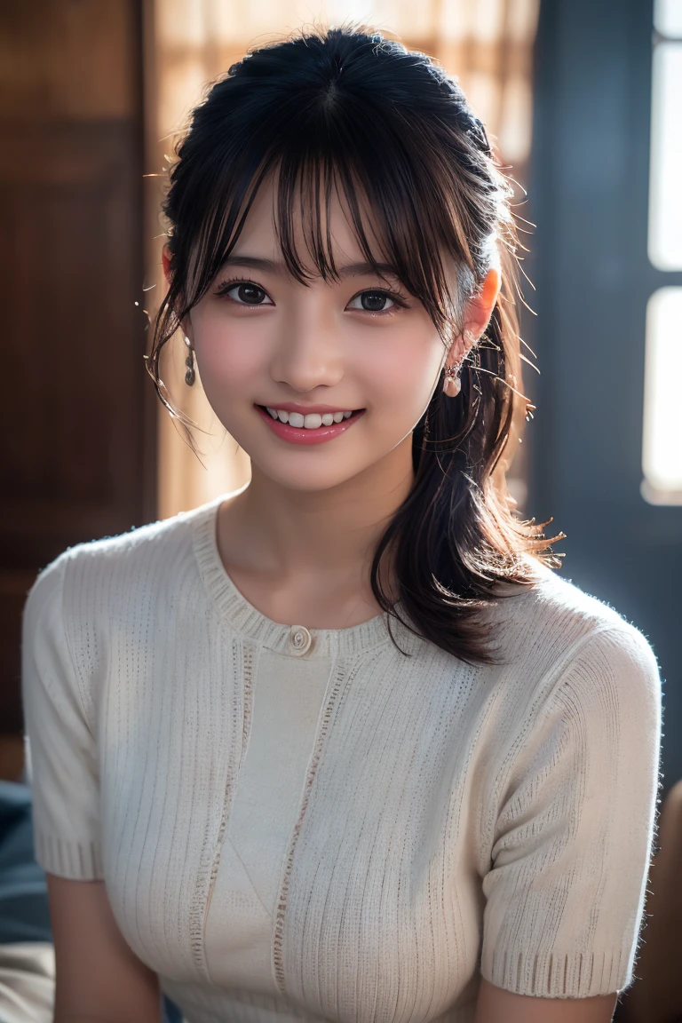(8K, RAW Photos,Highest quality, High resolution:1.1), (Ultra-realistic:1.4),(Realistic:1.4), Realistic Face,Realistic Body,Realistic Skin,masterpiece,(cute:1.8), cute子たち, Detailed black eyes,Innocent eyes,Cinema Lighting,Film Grain,jewelry,Earrings,((Medium Hair:1.1)),Cherry-colored lips,Hair Ribbon,ponytail,Look Viewer,Long Hair,,Open your lips,Upper teeth, (Smiling Eyes:0.6),((Grin:1.3)),Blurred Background, Eye focus , Bokeh,young, 85mm lens,young,Portraiture,Photon Mapping,Radio City,Physically Based Rendering,Asian,(Knitted dress:1.3))