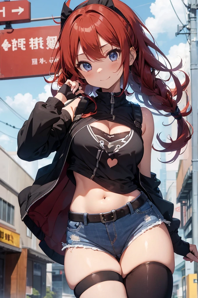 an anime girl with red curly hair poses in short shorts and an afro, 1girl, fingerless gloves, gloves, shorts, clothing cutout, navel, braid, solo, black shorts, breasts, smile, black gloves, short shorts, crop top, red hair, blue eyes, stomach, heart cutout, midriff, cleavage cutout, looking at viewer, ahoge, hood, cowboy shot, cleavage, hand up, highleg, hood down, underwear, open fly, sleeveless, long hair, panties, bare shoulders, hair ornament, skindentation, standing, hair intakes, shirt, medium breasts, highleg panties, belt
