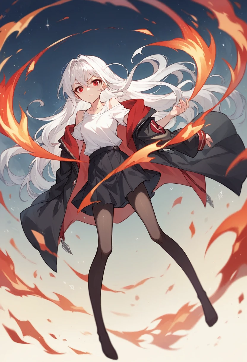 Kizi, long white hair loose, scarlet red eyes, white undershirt, black coat falling off the shoulders, Black Skirt, black transparent pantyhose, fire and ice power, night castle in the middle of the sea