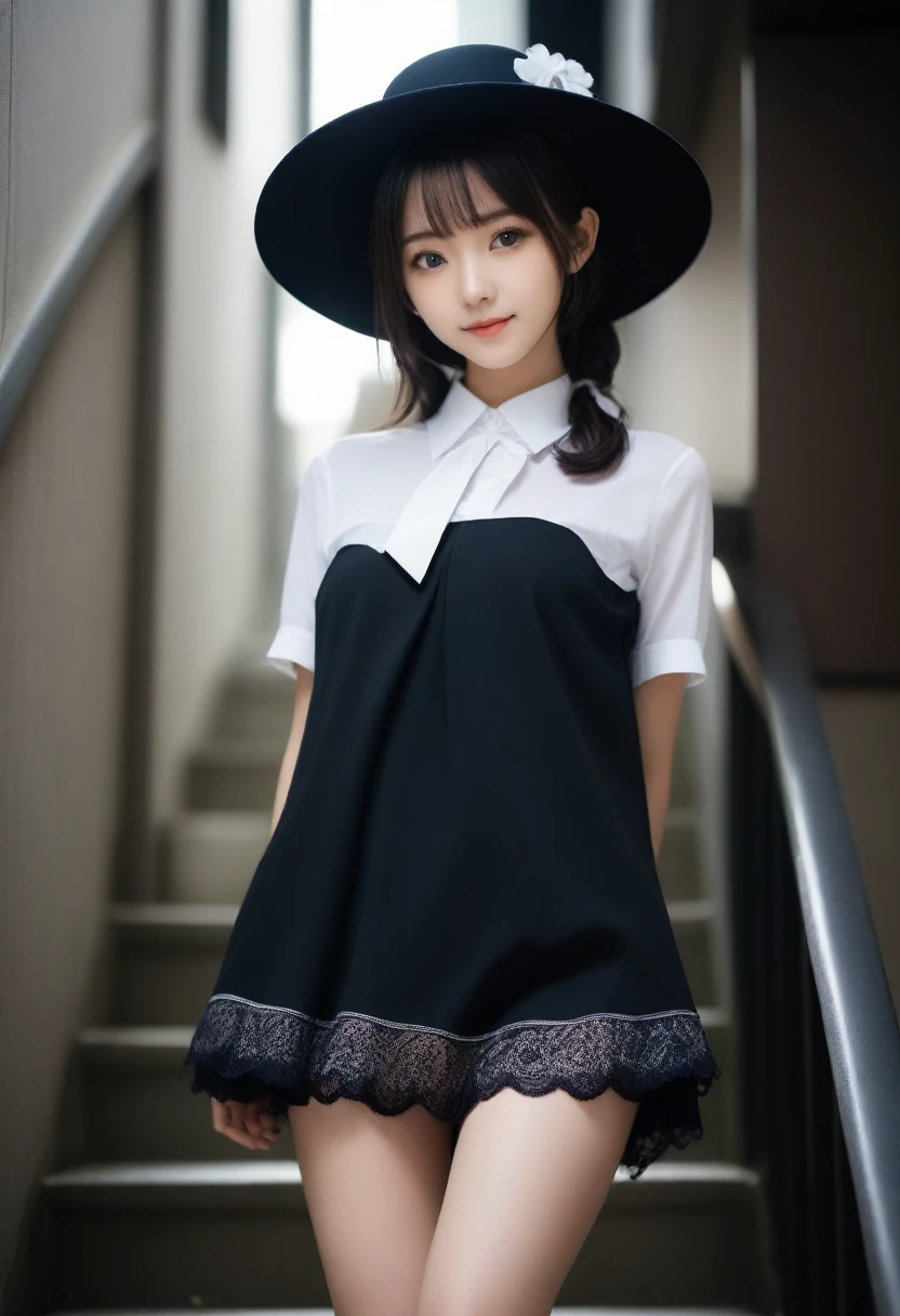 8K, Ultra-high resolution, Highest quality, masterpiece, 三分割法によるphotograph,Surreal, photograph, 1 Girl, (:1.3), pretty girl, Cute face, Beautiful eyes in every detail, 細かくdetailedに,masterpiece,, One Girl:1.2, Japan Female Announcer,full body,from below,((very small head:1.3)),Center-parted bangs,amount,Black Hair,Long Hair,Iris,Gorgeous eyes,smile,((Toned body,Slender body,skinny)),(White bondage and white gothic lolita),GlowSkin,Shiny skin,Climbing the stairs,Fire escape in a building,Beautiful leg line beauty,Captivating thighs,Full of sex appeal,Sensual,屈託のないsmile,Heal the heart,Short ponytail、beauty,Long neck、Laugh a little、Please close your mouth and laugh、(((Ideal body type))),A cup small breasts :2,、Portraiture:2、Perfect Anatomy、鮮明なdetailed、detailed、Surreal、Light and shadow,Strong light