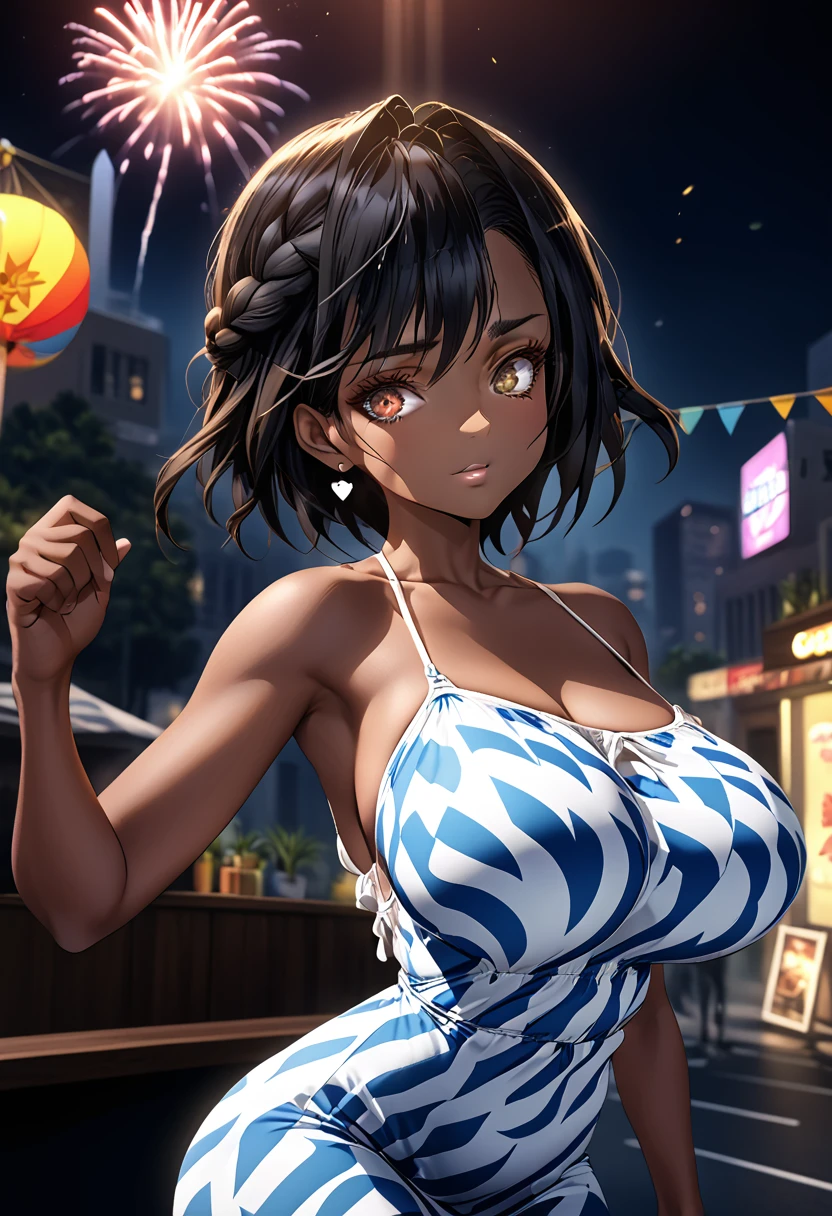 fourth of july ,block party, night, fireworks (Two beautiful girls holding a banner with text "happy", "july", "fourth"," ❤️") connie maheswaran (left side, Fit woman with dark skin, an oblong-shaped face, vivacious black eyes, a narrow convex hooked nose, perfect square body, black eyes, long black hair, toned, curvy hips, dragonbraid and a firm chest wearing a blue stars and black stripe print summer dress ); and sassy ( right side, an african-american-Caribbean woman, voluptuous, curvy, strong, shortie, sensuously cool, braided black hair, soft heart-shaped face, concaved Nubian button nose, heart-shaped physique, heart hips, glasses, heterochromia wine and brown eyes. Wearing a orange stars and black stripe print mini summer dress), Perfect characters perfect hands, perfect Face, perfect eyes, perfect physiques, dynamic perspective, ultra absurdres, ultra-detail, screencap, beautiful aesthetic, extravagant composition, hdr, uhd, sharp gradients, deep highlights, 8k, 2.5d, cel-shaded, ray tracing, masterpiece, best quality, high extravagance, high exposure, depth of field, ultra background, detailed smooth textures, 