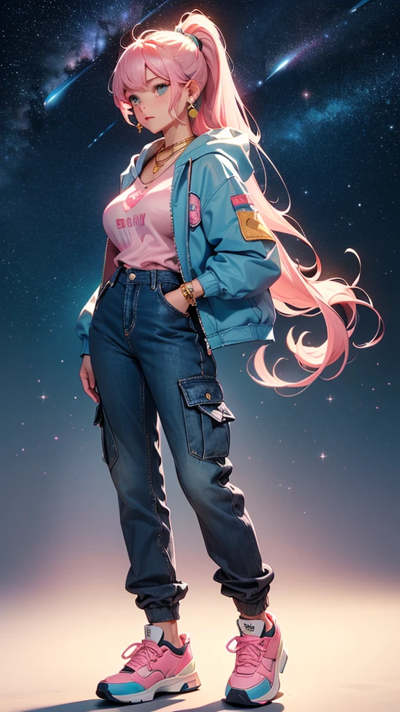 ((Holding a cute orange bantam cat)),((Highest quality,masterpiece,Full body front view of a mature beauty with big breasts,Air bangs,Blue gray high ponytail super long straight hair,Slightly curly hair on double sideburns,Hair ends curled in,Gray and pink short T-shirt,Light blue denim gray hooded jacket,Black and gray long and wide cargo pants,Pink and white sneakers)),Simple, small and exquisite round necklace,Little star earrings,Wearing a very thin gold bracelet on the right hand,starry sky galaxy background