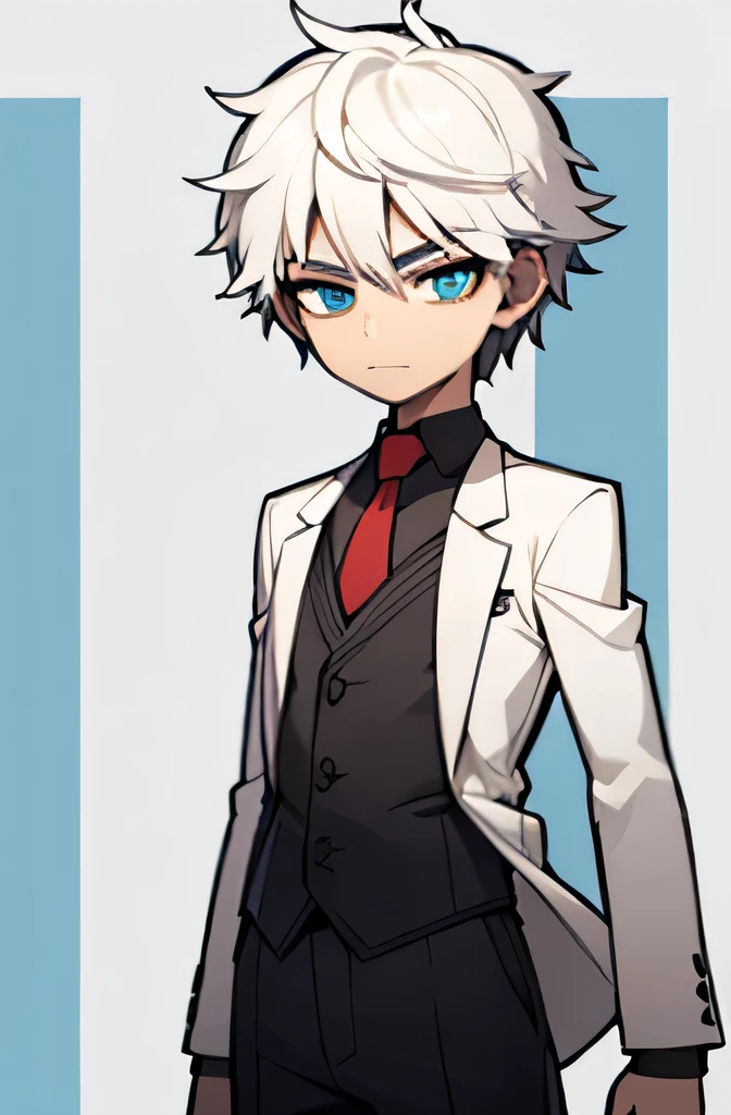 A 15-year-old boy with height 1.65 cm, white hair with black tips, light blue eyes, pink flat skin