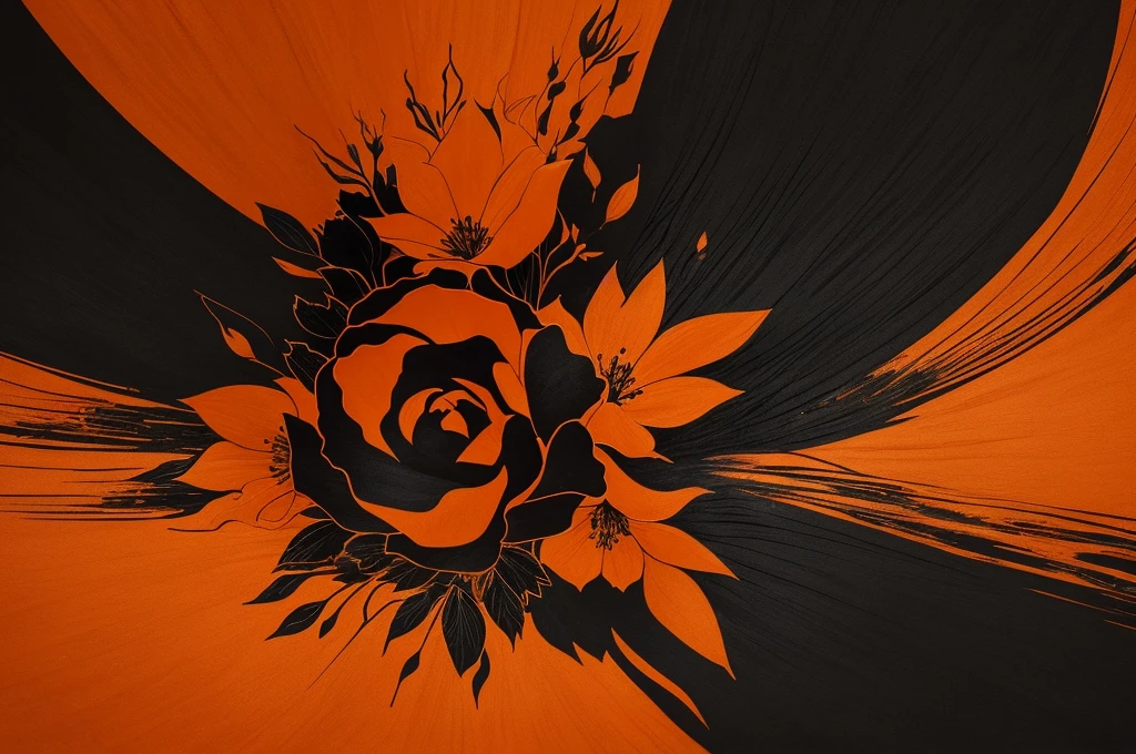 an art for a flag , the art is all orange ,with a highly detailed gradient with black flower petals scattered throughout the art ,the petals are black and only the outline is drawn , In the center of the flag there is a white woman with long black hair 