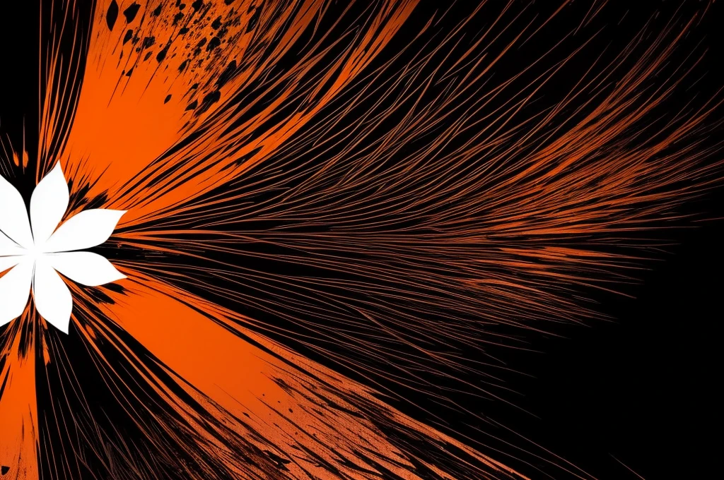 an art for a flag , the art is all orange ,with a highly detailed gradient with black flower petals scattered throughout the art ,the petals are black and only the outline is drawn , In the center of the flag there is a white woman with long black hair