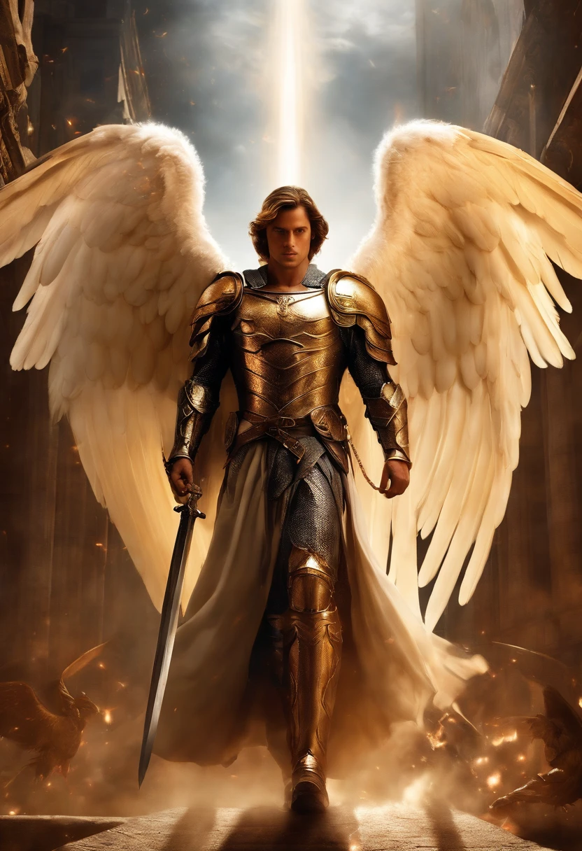 male character, Archangel Michael, walking down the street, walking across between buildings, many blooding victims laying on the street, Astronomical Imagery, intricate detailes, realist, Rosa and the Big Wings, Angelic background, Catholic illustration image of Archangel Michael, Male characters in the Bible, Michael wears angel armor, taking sword,cosmic background, Archangel and background lighting, Full length of angel, Maximum detail and his angelic face and wings, Realistic perfect skin, The highest image quality, Miguel He is highlighted in the image with strong and flashy colors.