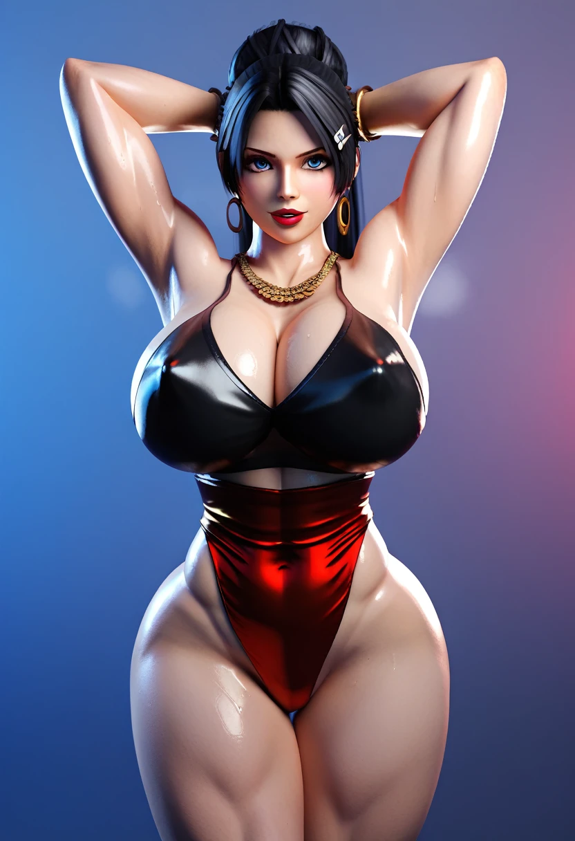 good quality, best quality, dead or alive animation style, 3d animated style, a sexy woman, 24 years old, sexy hot beautiful woman, American woman, USA girl, assassin woman, black long hair, tied in a huge bun, hair clip, blue eyes, sharp eyes, eyeliner, sexy face, very detailed face, red lipstick, wearing a black sexy party dress, Sexy Rhinestone Dress One Piece Outfits, huge , XXL unnatural huge breasts, toned stomach, curvy figure, toned thighs, sexy legs, wearing a necklace, bangles, arms up, sweaty armpits, sweating, bedroom in background, skyscraper bedroom, moonlight in background, dead or alive character style