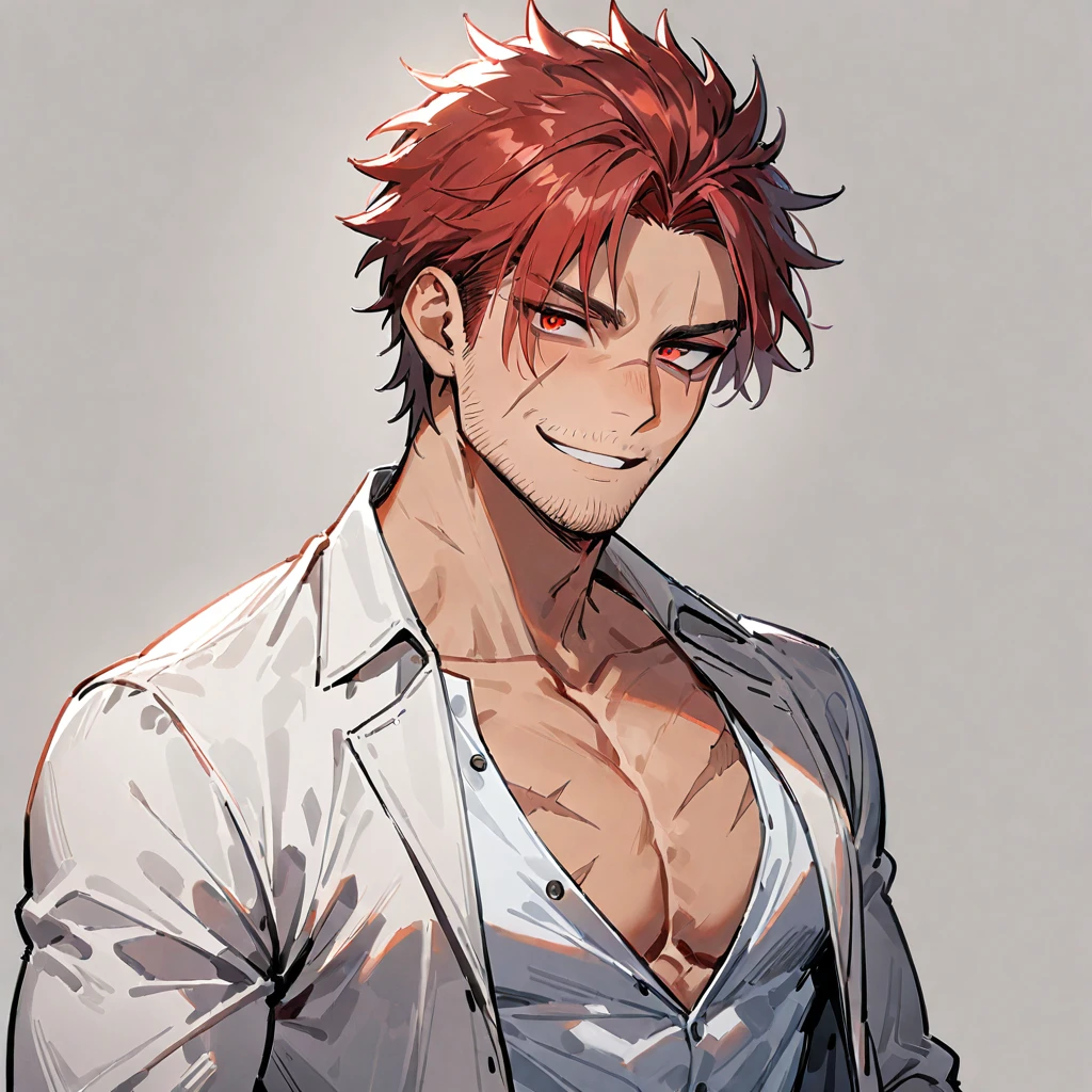 1boy, male focus, scar, solo, scar on face, facial hair, scar across eye, red hair, shirt, looking at viewer, smile, simple background, open clothes, upper body, pectorals, stubble, pectoral cleavage, jacket, short hair, red eyes, white shirt, ((medium quality)), ((medium quality))