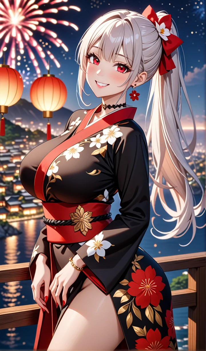 ultra-detailed, ((one girl)), hyper detailed, absurdres, 8K,Cute face, (Laugh shyly), ((teasing smile:1.8)), ((Wink:1.7)), (Laugh with your mouth wide open:1.3),(Tilt your head:1.3), (Doing sexy poses:1.3), View your viewers, ((Bright red cheeks:1.6)),Glossy Red Lips, ((Big Breasts:1.5)) (valley), night, Terrace on a hill overlooking the sea, Fantastic fireworks, (Brighten your face), ((Anime style background)),masterpiece, Highest quality, so beautiful,Latest, Complex details, (Pink long nails), (nail art), (ring),(bracelet), (Floral Choker),AI-generated, Complex,High resolution, Highest quality, super high quality,3D Images、3D Images,One person,Long white hair,(High Ponytail), Anime woman posing for a photo, ((Fine grain, pale blue eyes:1.2)), ((glowing eyes:1.4)), (Squint your eyes:1.1),a hyperRealistic , hyperRealistic , Realistic,Anime woman with long white hair, Smooth anime CG art, With gold embroidery、A girl in a gorgeous kimono, ((Black long sleeve kimono:1.5)),((Red large floral pattern)) ,Long flower hair ornament,Floral Earrings,Mature Body,tall,Abdominal muscles,Narrow waist,((arched back:1.9)),(front view),