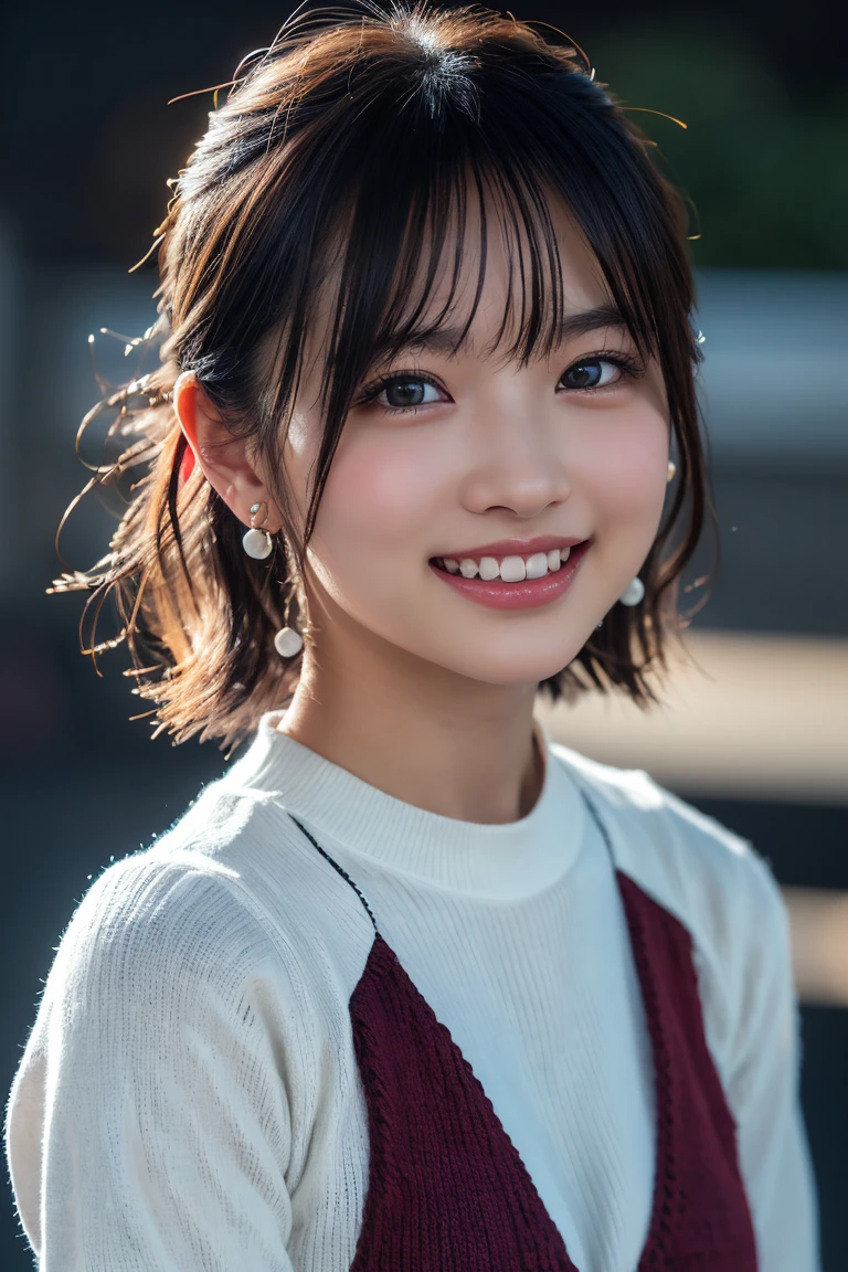 (8K, RAW Photos,Highest quality, High resolution:1.1), (Ultra-realistic:1.4),(Realistic:1.4), Realistic Face,Realistic Body,Realistic Skin,masterpiece,(cute:1.8), cute子たち, Detailed black eyes,Innocent eyes,Cinema Lighting,Film Grain,jewelry,Earrings,((Medium Hair:1.1)),Cherry-colored lips,Hair Ribbon,ponytail,Look Viewer,Long Hair,,Open your lips,Upper teeth, (Smiling Eyes:0.6),((Grin:1.3)),Blurred Background, Eye focus , Bokeh,young, 85mm lens,young,Portraiture,Photon Mapping,Radio City,Physically Based Rendering,Asian,(Knitted dress:1.3))