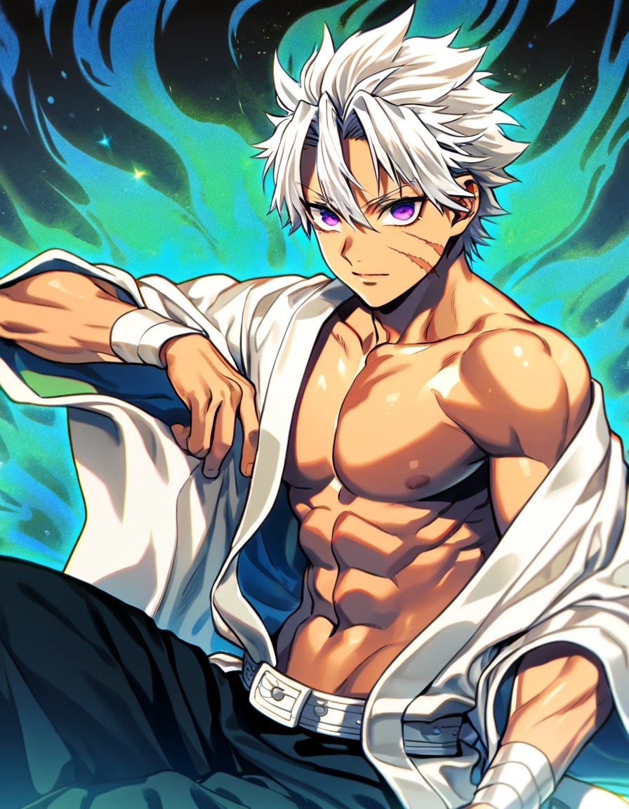 Ultra detailed, HDR, Highres, absurdres, master piece, Shinazugawa Sanemi, white hair, expressive dark purple eyes, scar on his face, black demon slayer clothes, white haori, Kimetsu No Yaiba, green aura around his boy, strong wind background, handsome, sexy man, toned chest, extremely detailed face and eyes, glittering, blue background, perfect face, best quality, blue water, sitting