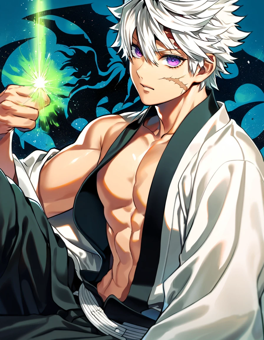 Ultra detailed, HDR, Highres, absurdres, master piece, Shinazugawa Sanemi, white hair, expressive dark purple eyes, scar on his face, black demon slayer clothes, white haori, Kimetsu No Yaiba, green aura around his boy, strong wind background, handsome, sexy man, toned chest, extremely detailed face and eyes, glittering, blue background, perfect face, best quality, blue water, sitting