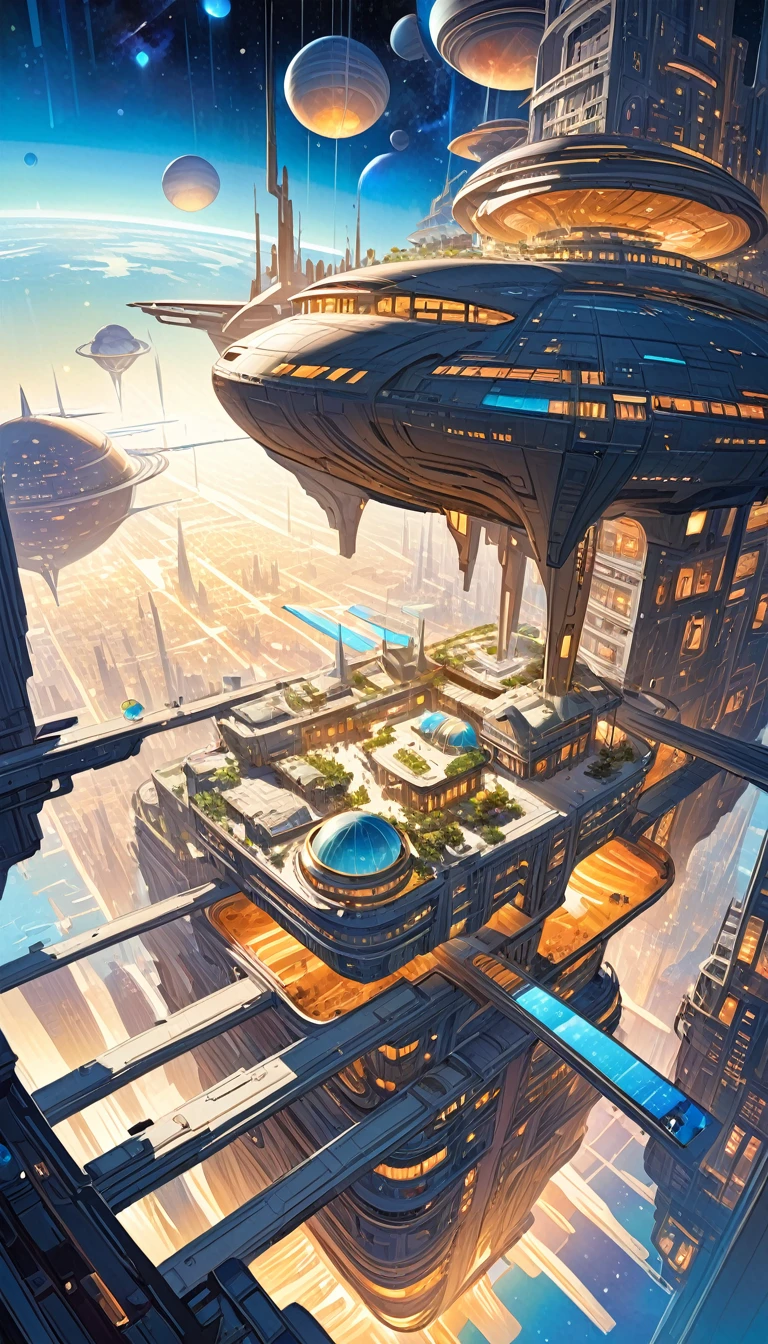 futuristic space city, in space: 1.5, large flying city, with many floating floors in space, housing and all kinds of details on the ship (art inspired by Bill Sienkiewicz). oil painting)