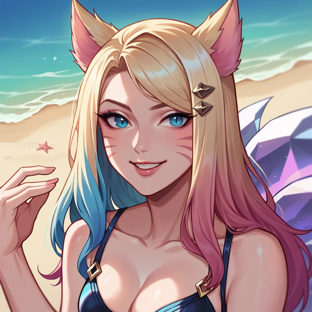 masterpiece, best quality, highres, ahri1, 1girl, solo, blonde hair, k/da (league of legends), long hair, multicolored hair, open hair, blue eyes, two-tone hair, beach day, smile, 2 young boys on her both sides, red hair boy on the left and blue hair boy on the right