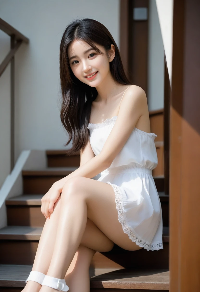 8K, Ultra-high resolution, Highest quality, masterpiece, 三分割法によるphotograph,Surreal, photograph, 1 Girl, (:1.3), pretty girl, Cute face, Beautiful eyes in every detail, 細かくdetailedに,masterpiece,, One Girl:1.2, Japan Female Announcer,full body,from below,((very small head:1.3)),Center-parted bangs,amount,Black Hair,Long Hair,Iris,Gorgeous eyes,smile,((Toned body,Slender body,skinny)),(White bondage and white gothic lolita),GlowSkin,Shiny skin,Climbing the stairs,Fire escape in a building,Beautiful leg line beauty,Captivating thighs,Full of sex appeal,Sensual,屈託のないsmile,Heal the heart,Short ponytail、beauty,Long neck、Laugh a little、Please close your mouth and laugh、(((Ideal body type))),A cup small breasts :2,、Portraiture:2、Perfect Anatomy、鮮明なdetailed、detailed、Surreal、Light and shadow,Strong light