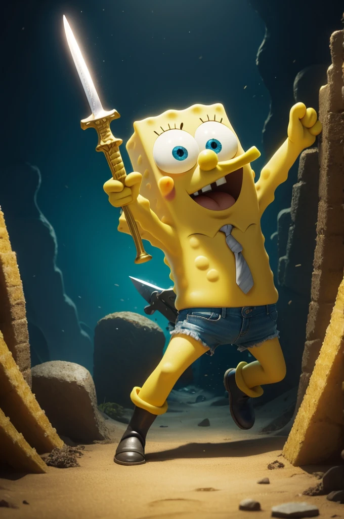 Spongebob holding a sword