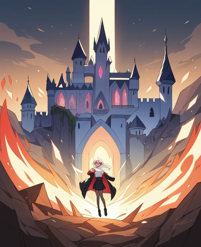 (detailedeyes), (best qualityer), (work of art) Kizi, long white hair loose, scarlet red eyes, white undershirt, black coat falling off the shoulders, Black Skirt, black transparent pantyhose, fire and ice power, night castle in the middle of the sea