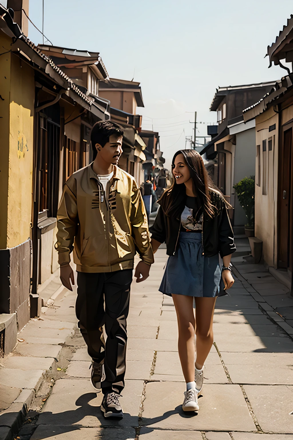 A boy and girl are walking on golden road 