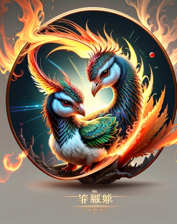 Superior image quality、"Create cute creature masterpieces with inspired, ultra-detailed concept art. Let your imagination come to life", ((Immortal Bird))、(phoenix)、(fengxi),Flashy appearance like a peacock、 high detaild, in 8K、Superior image quality、Week、one is magic、The backdrop is the magic of fire