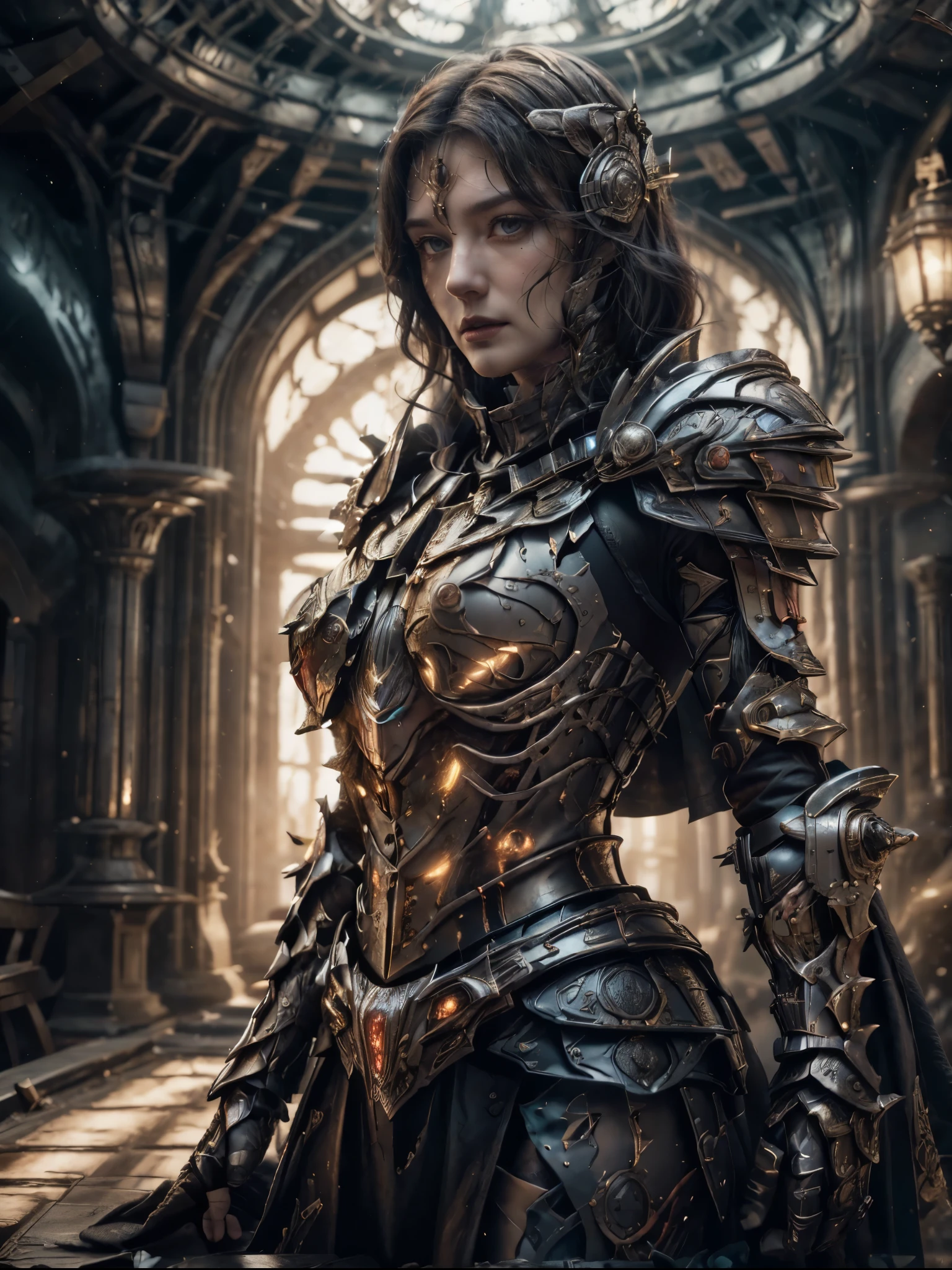 photograph of a dark-haired woman with curls tousled by the wind, intertwined hair, (Battlefield, war, blood, medieval battle, medieval warfield, earth, dust, dust in the wind, stained with blood, face stained with blood, armor stained with blood), deep neckline, full skirt flying in the wind, like a flame against the twilight sky., radiating unrestrained beauty, small breasts, ( Wearing black metallic war armor with red line details and black metallic scales, female war armor is, Armor with torn black cape, cape, helmet, helmet on the head), a big smile on her face. 1 solo, Style: portrait, blurred background f1.2, full HD resolution, 8k, Dark vignette at the edges, cinematic effect with soft shadows and light and shadow curve at -10, best quality, professional realistic, detailed eye, double eyelid, brighten skin, real hair, realistic skin texture, Masterpiece texture, realistic clothing texture, perfect face and body, Never show hands, hidden hands, blurred hands.